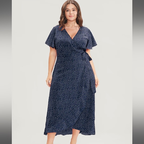 Polka Dot Ruffle Sleeve Pocket Knotted Side Surplice Neck Dress - Picture 2 of 3